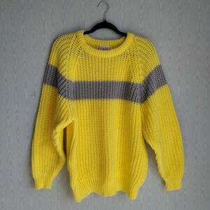Vtg 80s Women's Large Chunky Knit Butter Yellow Colorblock Varsity Sweater